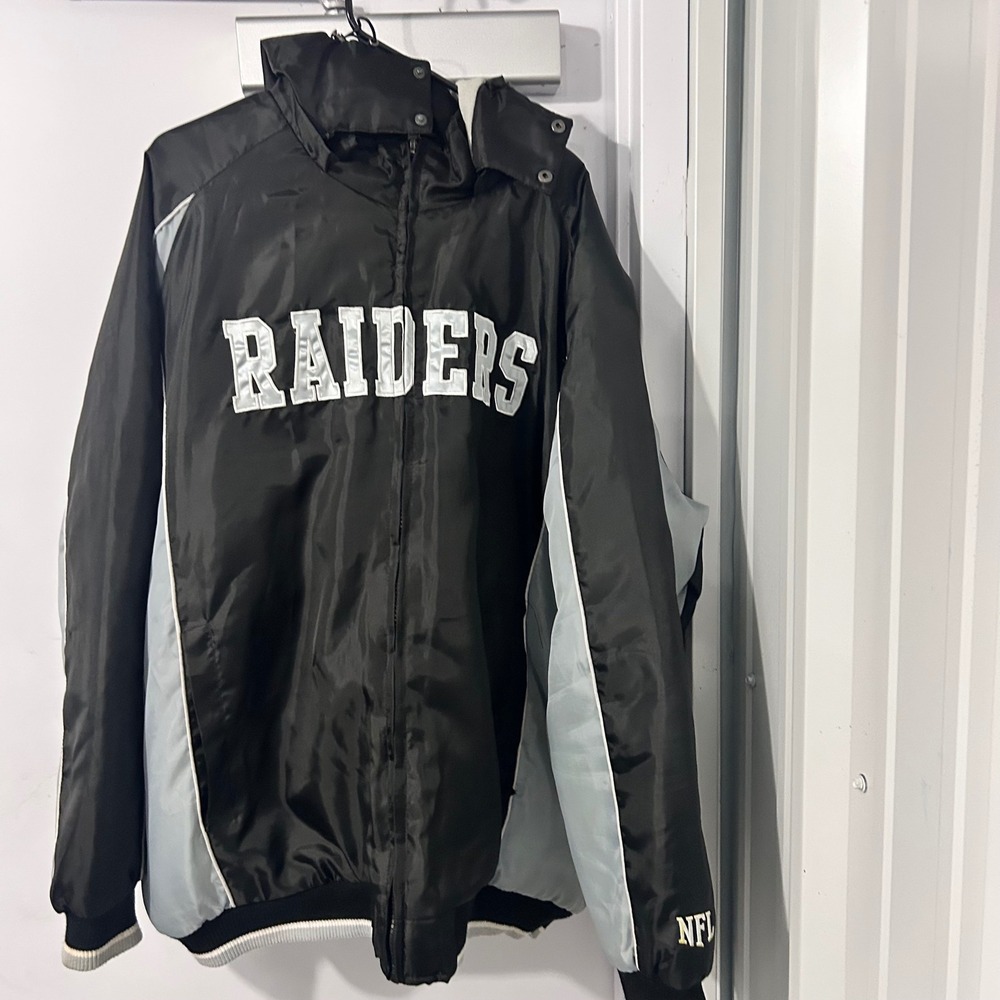 NFL Las Vegas Raiders Hooded Jacket Mens 4XL Black Grey Full Zip Quilted Fleece
